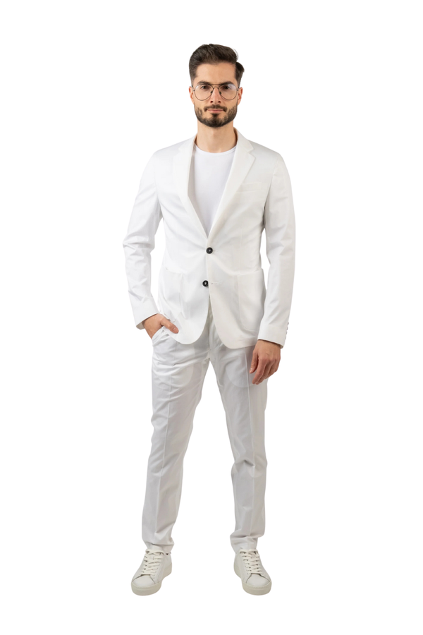 Costum Bărbați Alb din Bumbac cu Sacou la Un Rând de Nasturi