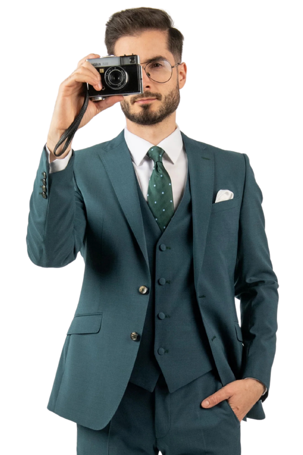 Costum Bărbați Turquoise Premium din Lână în Trei Piese