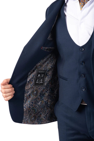 Costum Bărbați Bleumarin Texturat din Lână Fină în Trei Piese