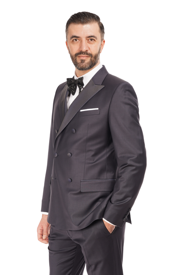 Smoking la Două Rânduri de Nasturi din Lână Premium Extrafină - Bleumarin 6AM1009342