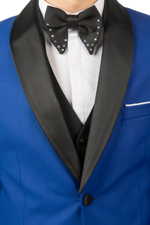 Costum Bărbați Albastru de Ceremonie cu Rever Detașabil Negru în Trei Piese