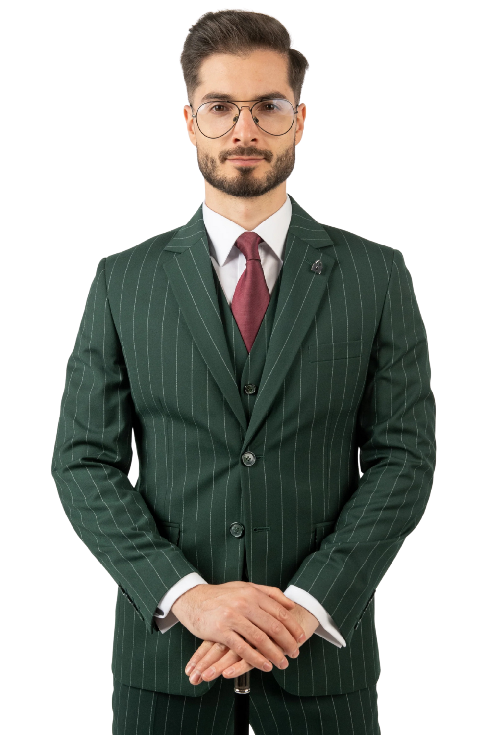 Costum Bărbați Verde cu Dungi din Lână în Trei Piese