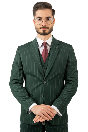 Costum Bărbați Verde cu Dungi din Lână în Trei Piese