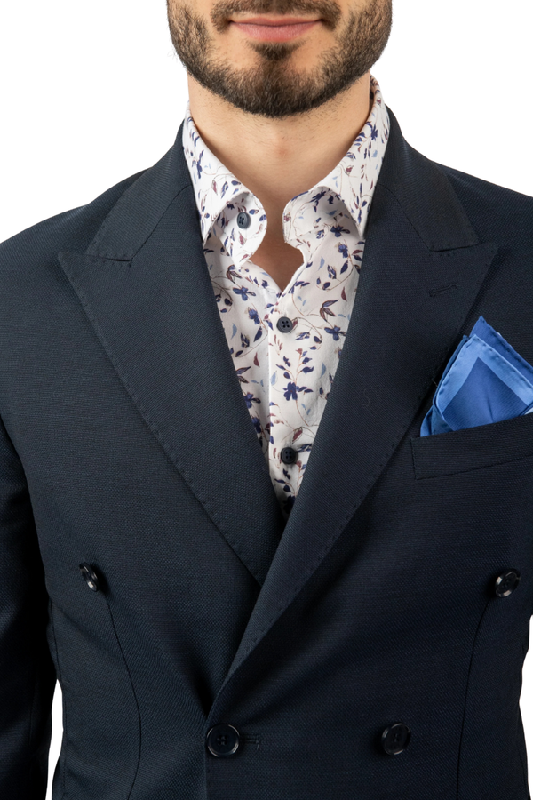 Costum Bărbați Bleumarin Texturat din Material Tehnic la Două Rânduri de Nasturi