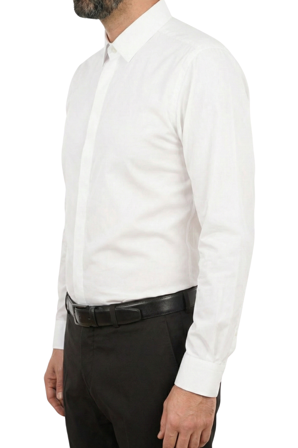 Cămașă Bărbați Albă din Bumbac cu Nasturi Acoperiți