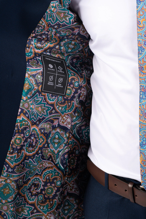 Costum Bărbați Bleumarin Texturat la Două Rânduri de Nasturi Aurii