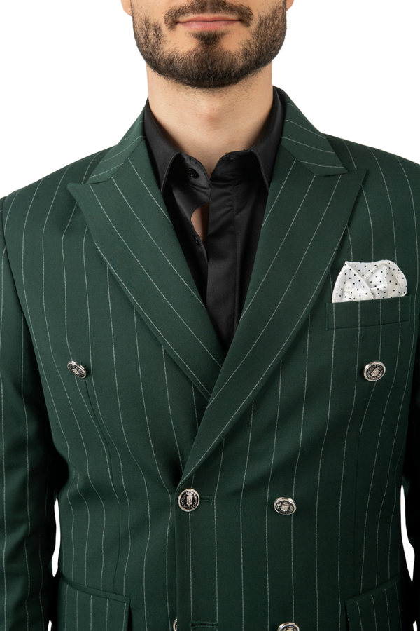 Costum Bărbați Verde cu Dungi Albe la Două Rânduri de Nasturi