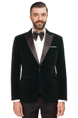 Smoking cu Sacou din Catifea Verde și Pantaloni Negri 6AM311