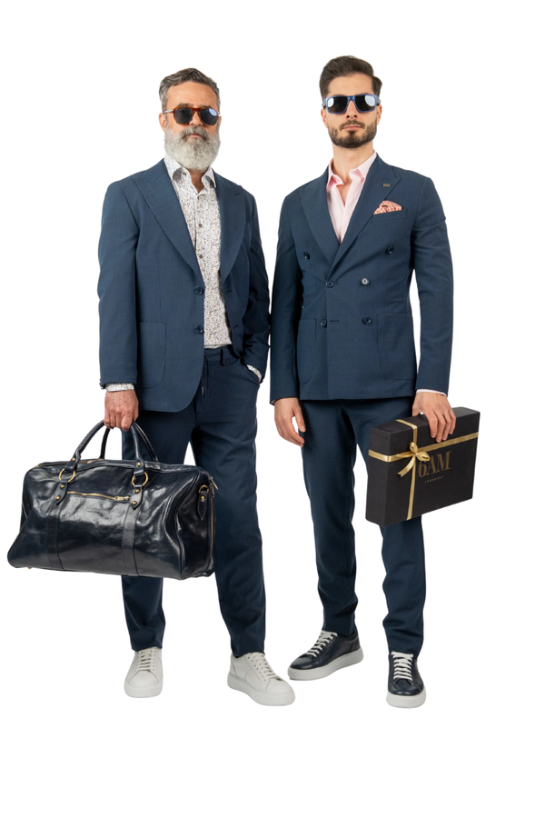 Costum Bărbați Bleu Creponat Elegant din Material Tehnic