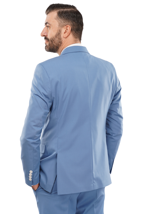 Costum Bărbați Albastru la Două Rânduri de Nasturi din Lână