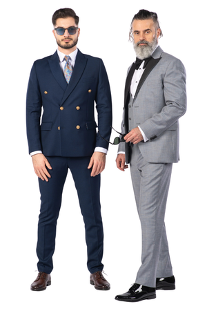 Costum Bărbați Bleumarin Texturat la Două Rânduri de Nasturi Aurii