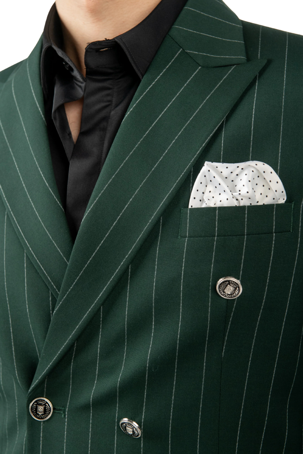 Costum Bărbați Verde cu Dungi Albe la Două Rânduri de Nasturi