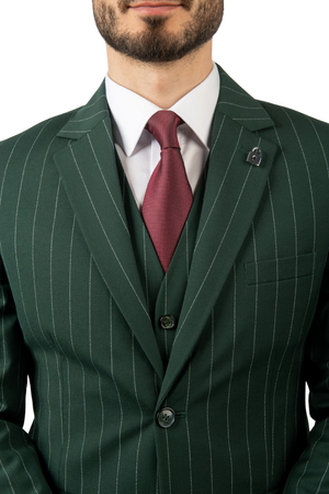 Costum Bărbați Verde cu Dungi din Lână în Trei Piese