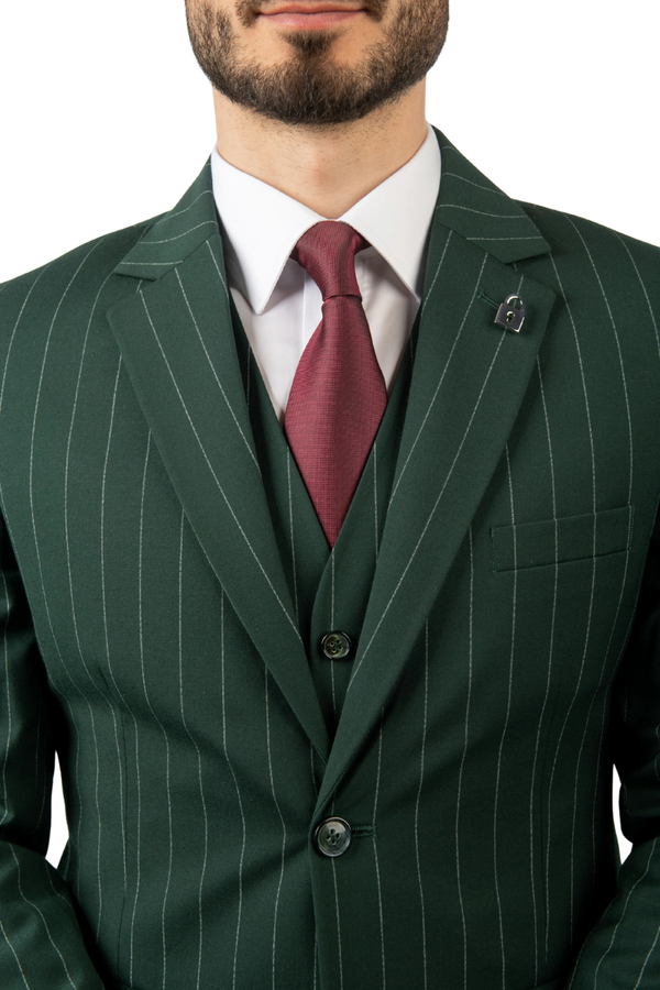 Costum Bărbați Verde cu Dungi din Lână în Trei Piese