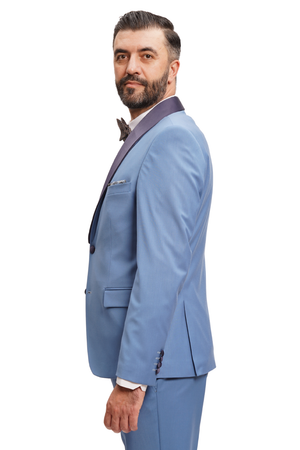 Costum Bărbați Albastru cu Rever Detașabil din Lână în Trei Piese