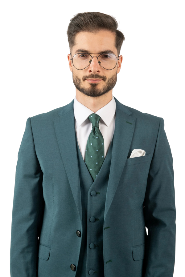 Costum Bărbați Turquoise Premium din Lână în Trei Piese