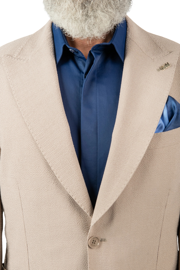 Costum Bărbați Crem Creponat din Țesătură Tehnică