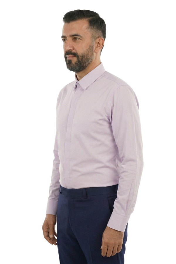 Cămașă Bărbați Lila din Bumbac cu Nasturi Acoperiți