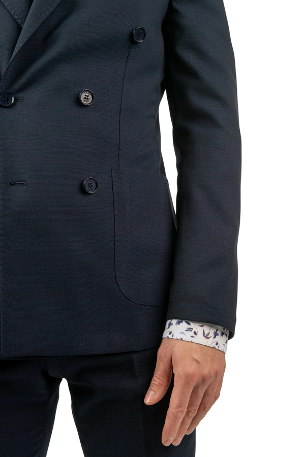 Costum Bărbați Bleumarin Texturat din Material Tehnic la Două Rânduri de Nasturi