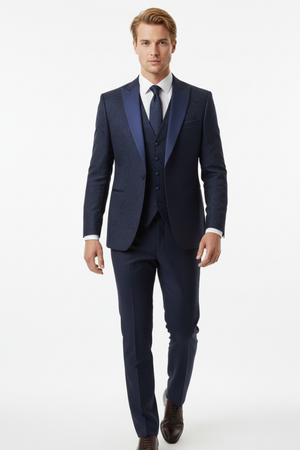 Costum Clasic în Trei Piese Brocard Bleumarin 6AM616