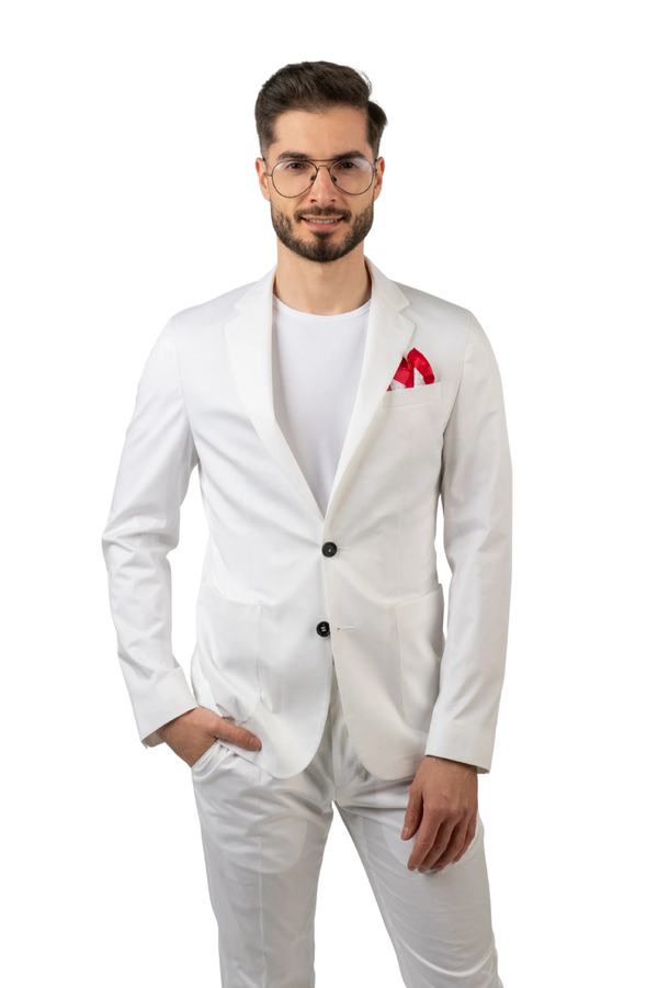 Costum Bărbați Alb din Bumbac cu Sacou la Un Rând de Nasturi