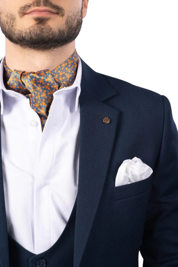 Costum Bărbați Bleumarin Texturat din Lână Fină în Trei Piese