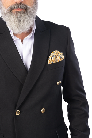 Costum Bărbați Negru Texturat la Două Rânduri de Nasturi Aurii