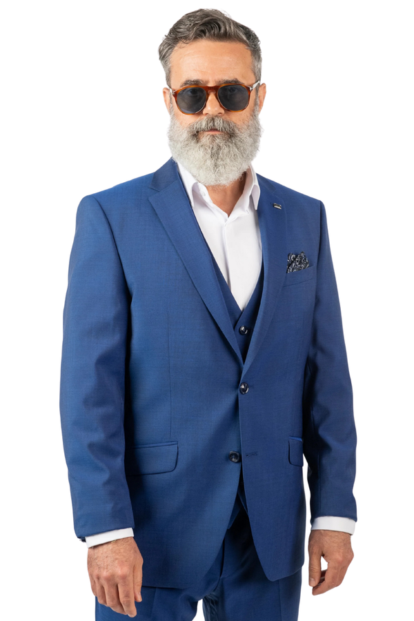 Costum Bărbați Albastru din Lână 100% în Trei Piese