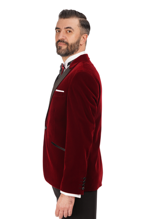 Smoking cu Sacou din Catifea Bordo și Pantaloni Negri 6AM312