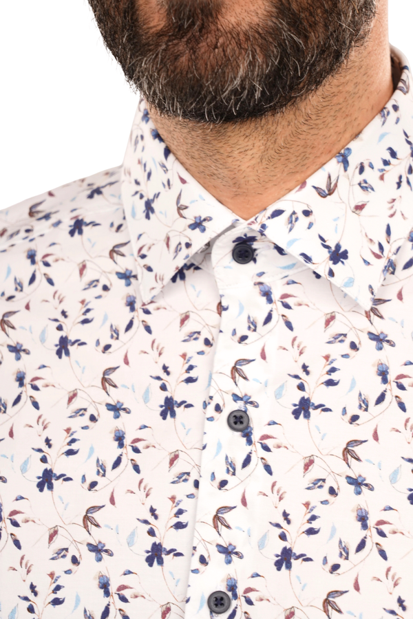 Cămașă Bărbați Albă cu Imprimeu Frunze Albastre – 95% Bumbac