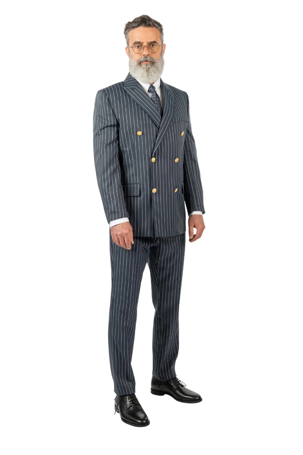 Costum Bărbați Bleumarin-Antracit cu Dungi Albe la Două Rânduri de Nasturi