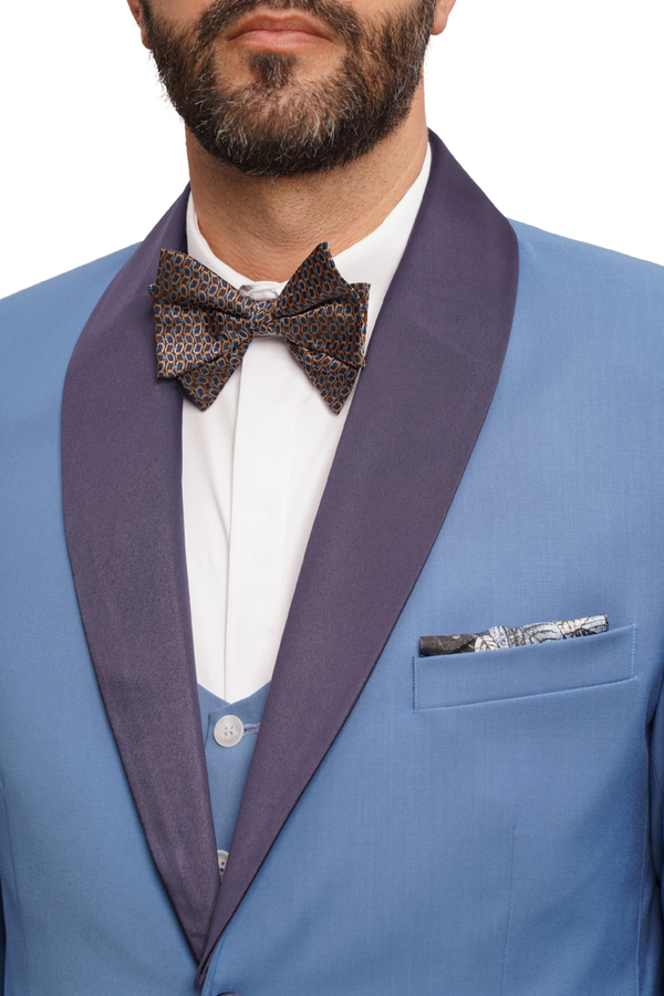 Costum Bărbați Albastru cu Rever Detașabil din Lână în Trei Piese