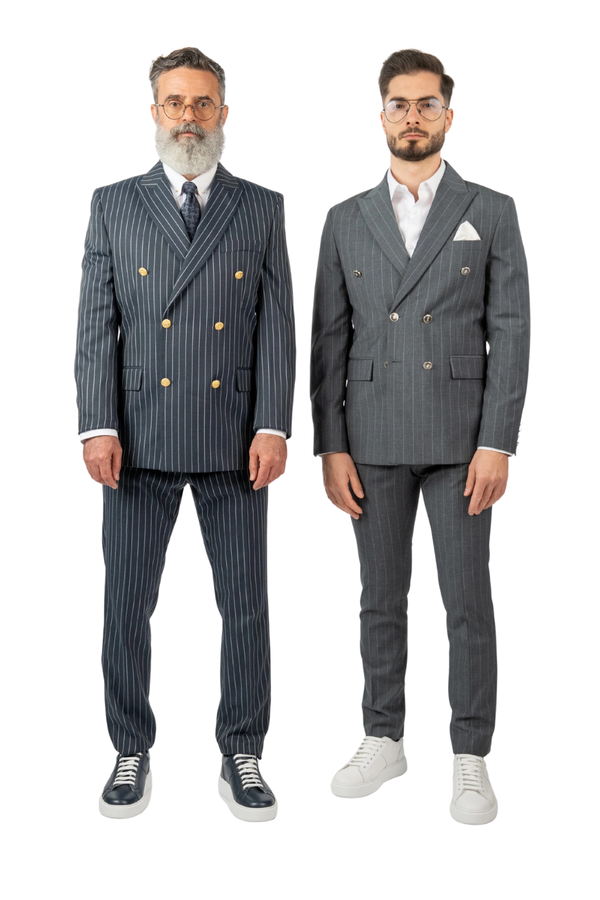 Costum Bărbați Gri cu Dungi Albe la Două Rânduri de Nasturi