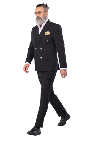 Costum Bărbați Negru Texturat la Două Rânduri de Nasturi Aurii