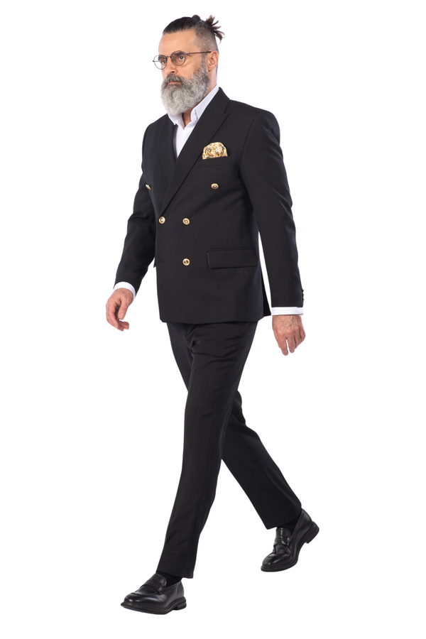 Costum Bărbați Negru Texturat la Două Rânduri de Nasturi Aurii