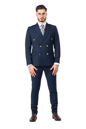 Costum Bărbați Bleumarin Texturat la Două Rânduri de Nasturi Aurii