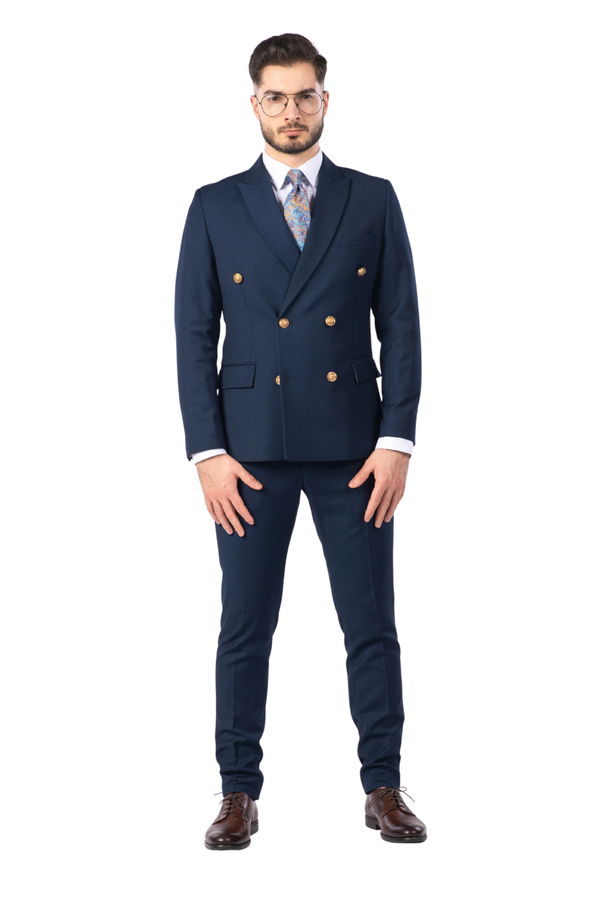 Costum Bărbați Bleumarin Texturat la Două Rânduri de Nasturi Aurii