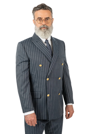 Costum Bărbați Bleumarin-Antracit cu Dungi Albe la Două Rânduri de Nasturi