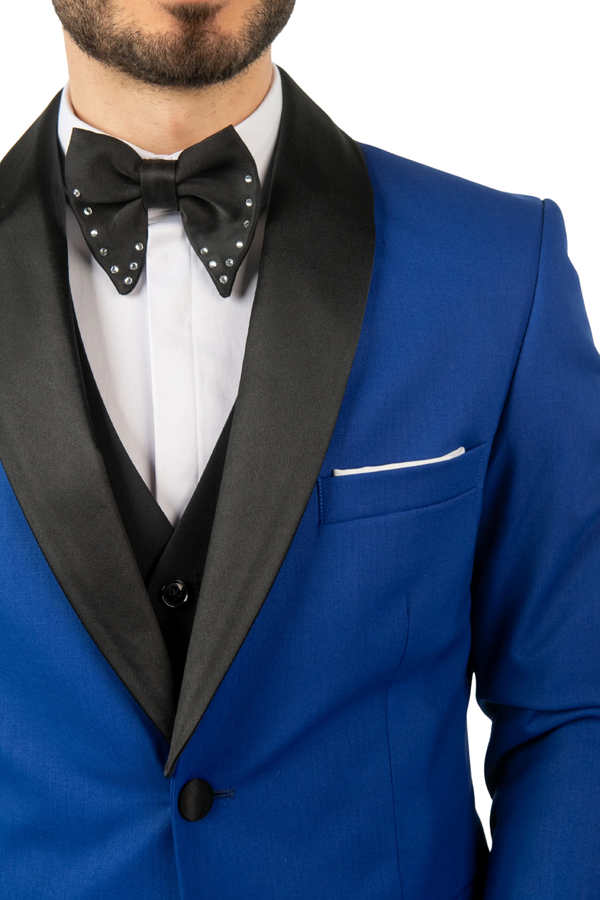 Costum Bărbați Albastru de Ceremonie cu Rever Detașabil Negru în Trei Piese