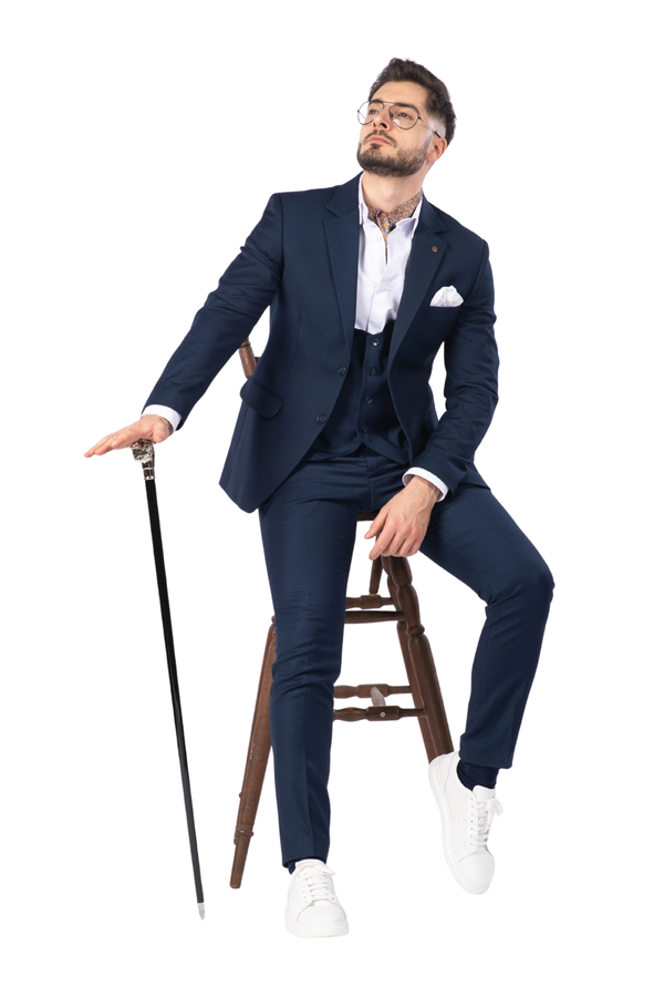 Costum Bărbați Bleumarin Texturat din Lână Fină în Trei Piese