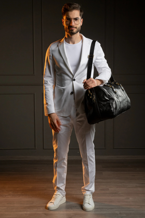 Costum Bărbați Alb din Bumbac cu Sacou la Un Rând de Nasturi