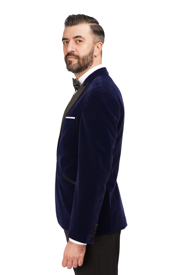 Smoking cu Sacou din Catifea Bleumarin și Pantaloni Negri 6AM310