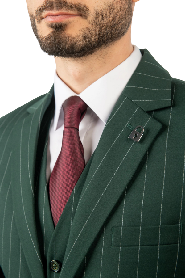 Costum Bărbați Verde cu Dungi din Lână în Trei Piese