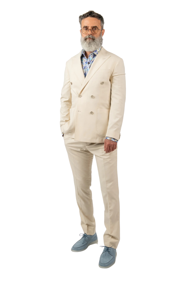 Costum Bărbați Crem Sport la Două Rânduri de Nasturi