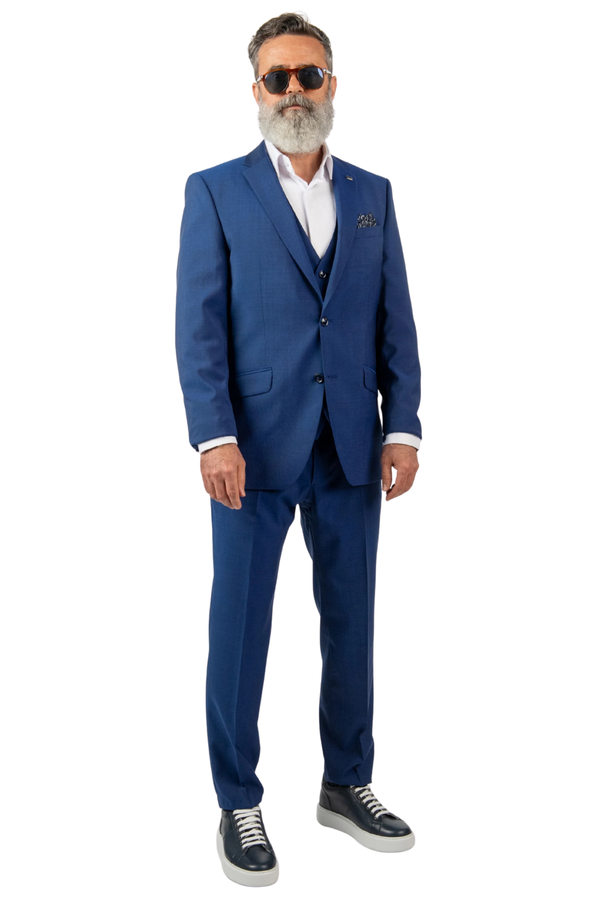 Costum Bărbați Albastru din Lână 100% în Trei Piese