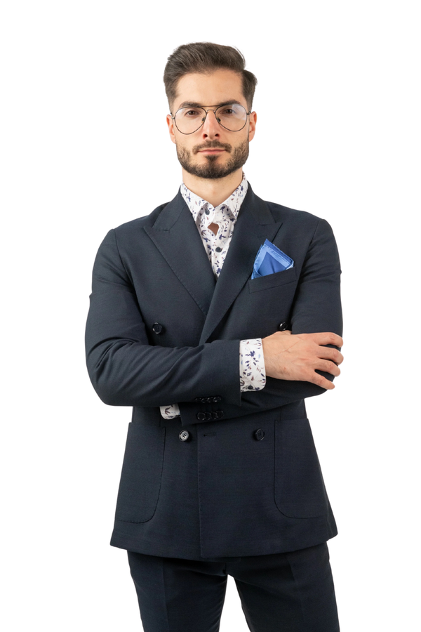 Costum Bărbați Bleumarin Texturat din Material Tehnic la Două Rânduri de Nasturi