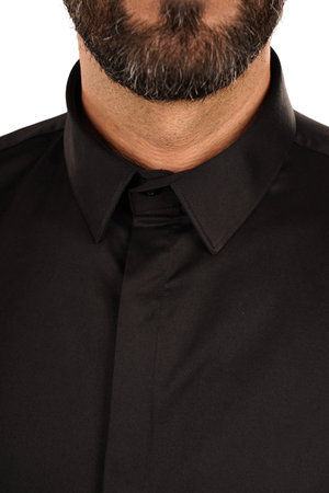 Cămașă Bărbați Neagră din Bumbac cu Nasturi Acoperiți