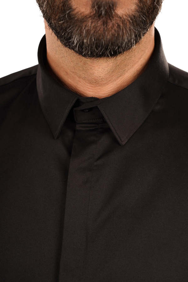 Cămașă Bărbați Neagră din Bumbac cu Nasturi Acoperiți