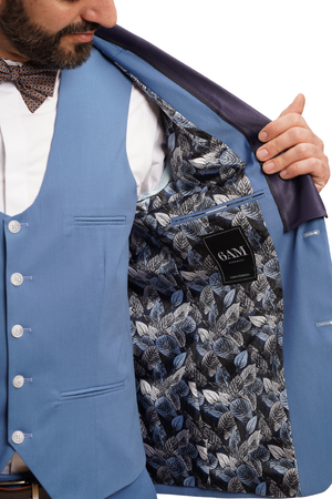 Costum Bărbați Albastru cu Rever Detașabil din Lână în Trei Piese