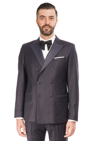 Smoking la Două Rânduri de Nasturi din Lână Premium Extrafină - Bleumarin 6AM1009342